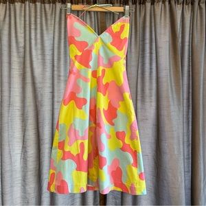 Tibi Vintage 2001 Y2K Neon Pink Yellow Camo Camouflage Halter Dress Size 2